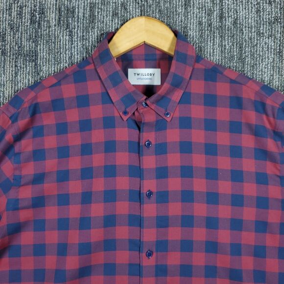 Twillory Shirt Mens XL Red Blue Plaid Button Up Untuckable Tailored Fit Cotton - Picture 4 of 13